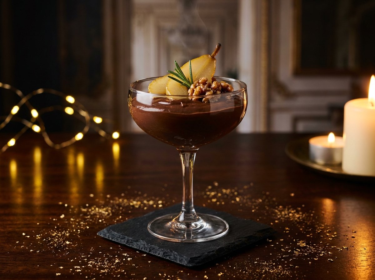 Veganes Schokoladenmousse mit Rosmarin-Birne und kandierter Walnuss